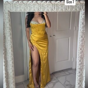 Elegant Yellow Satin Gown with Slit